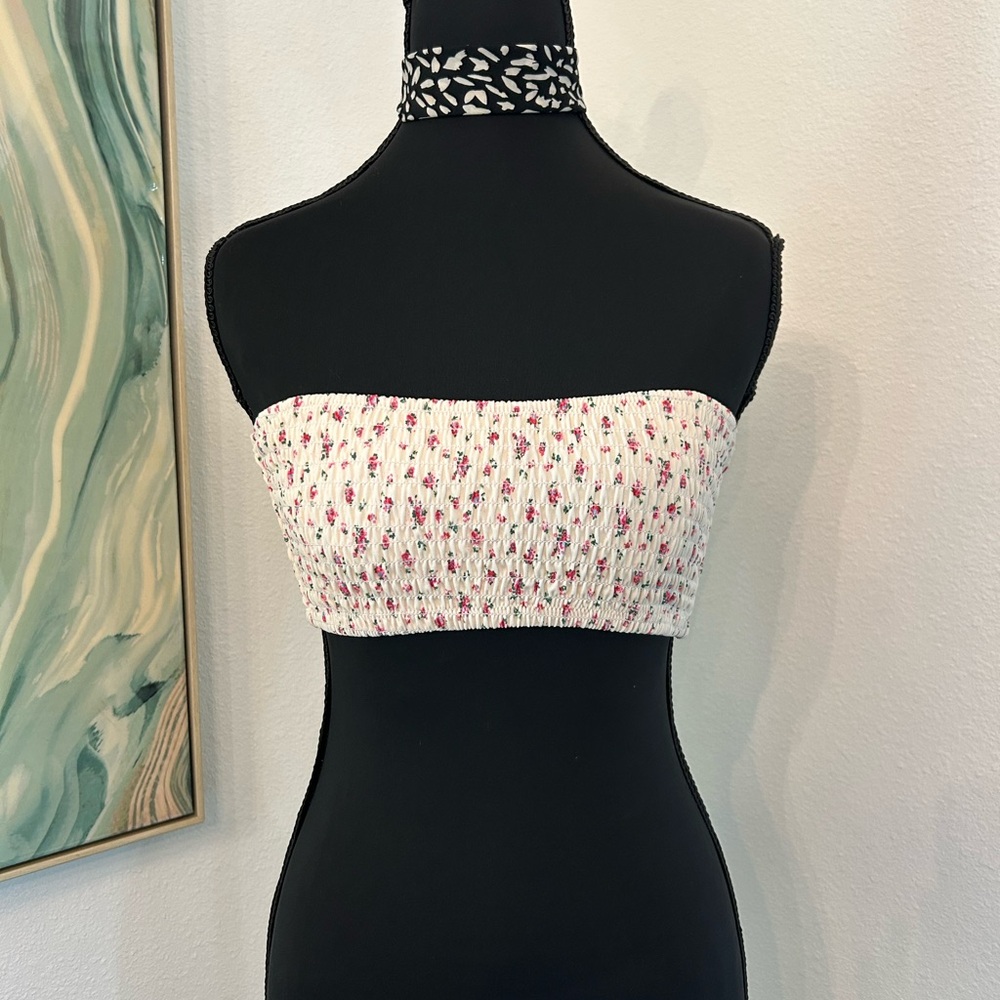 Spiritual Gangster White and Pink Smocked Bandeau Top